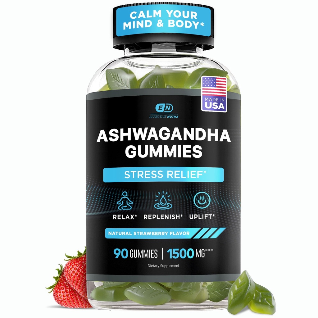 EFFECTIF NUTRA Ashwagandha Gummies 1500mg.Soulagement du stress, support immunitaire, calme d'humeur, énergie.Supplément pour hommes et femmes (90ct)