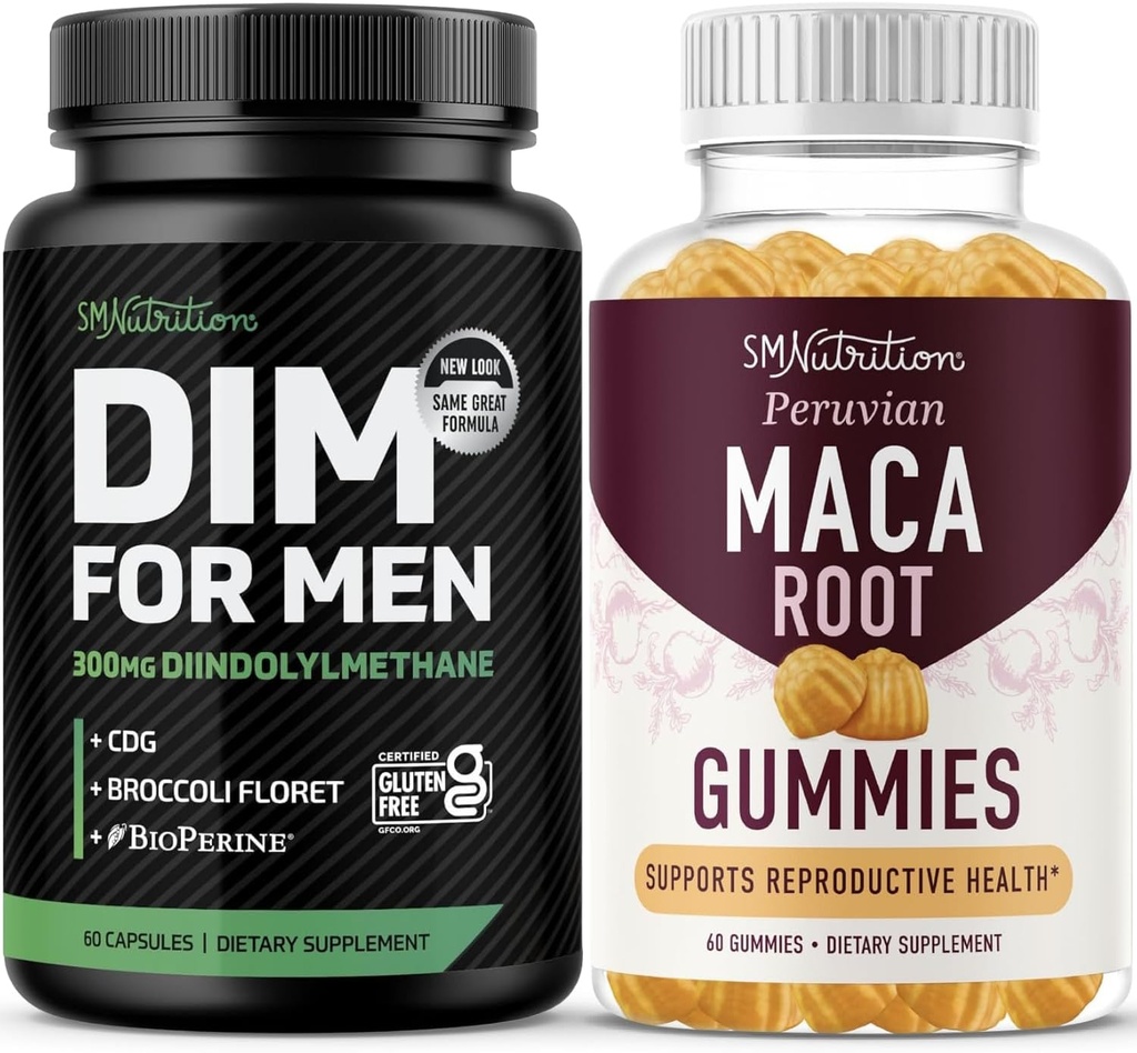 SMNutrition Maca Root Gummies & 300mg DIM Supplément pour les hommes pour la testostérone et le support de performance.