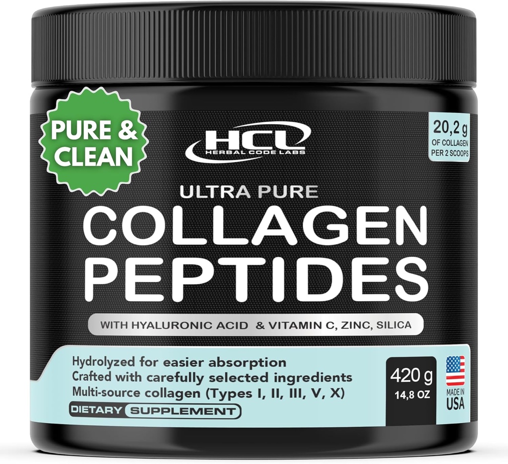 Poudre de peptides de collagène avec vitamine C et acide hyaluronique - provenant de sources organiques les plus propres et d'absorption super élevée - Hydrolysés Multi Type I, II, III, V, X - Supplément pour cheveux fabriqués aux États-Unis