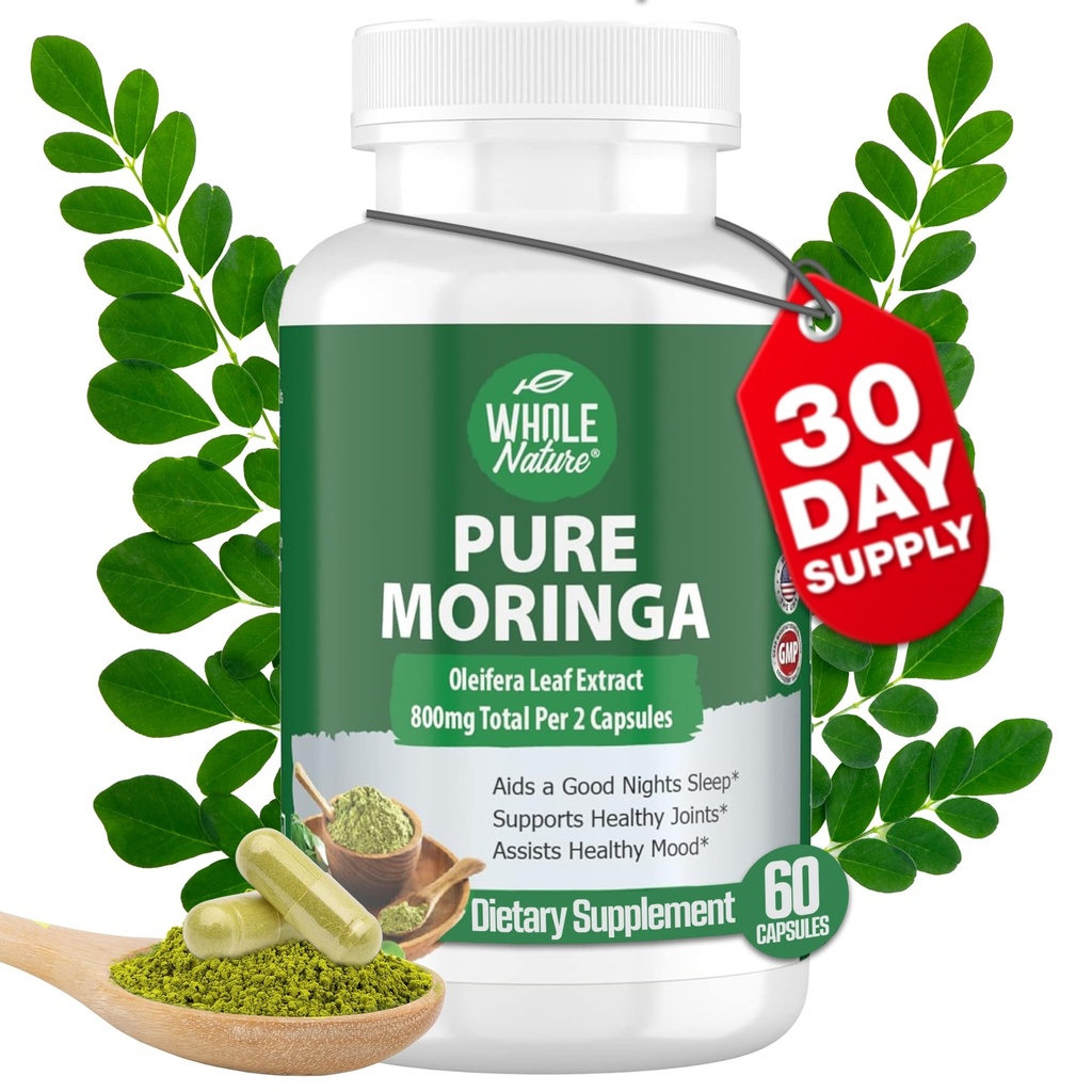 Moringa Capsules, 800mg Moringa Organic Oleifera Leaves Poudre Superfood Greens Pure Moringa Pills est une augmentation d'énergie végétalienne, non-OGM et garder un supplément sain