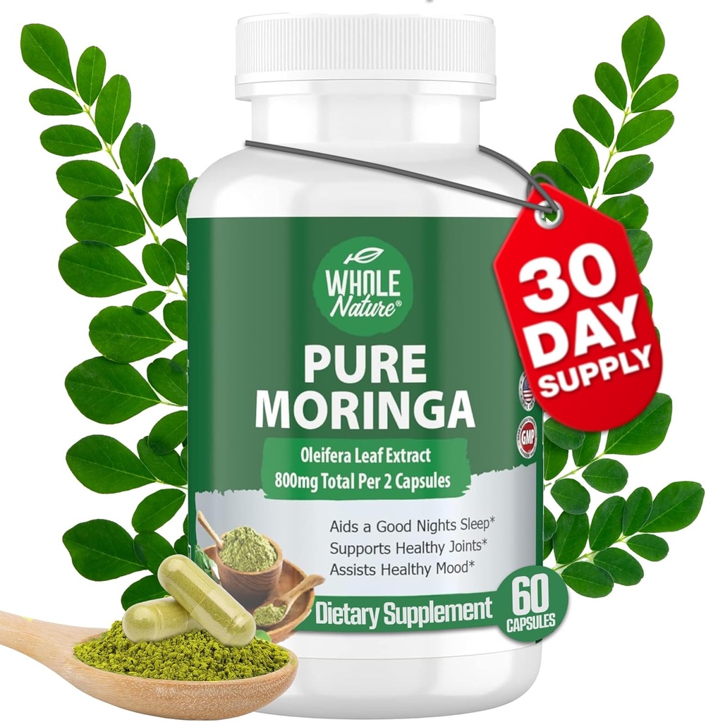 Moringa Capsules, 800mg Moringa Organic Oleifera Leaves Poudre Superfood Greens Pure Moringa Pills est une augmentation d'énergie végétalienne, non-OGM et garder un supplément sain