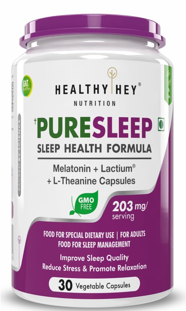 HealthyHey Nutrition #1 Sleep Supplement | Sleep Better, Sleep Longer, Reduces Anxiety & Stress | Non-Habit Forming | 30 Vegetable Capsules | Formula with Melatonin, Lactium & L-Theanine - Non-GMO
