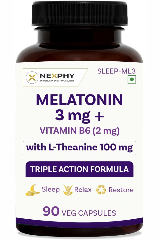 Melatonin 3mg with L-Theanine 100mg & Vitamin B6 | Triple Action Sleep Supplement for Adults | Non-Habit-Forming, Restful Sleep & Relaxation | 90 Veg Capsules
