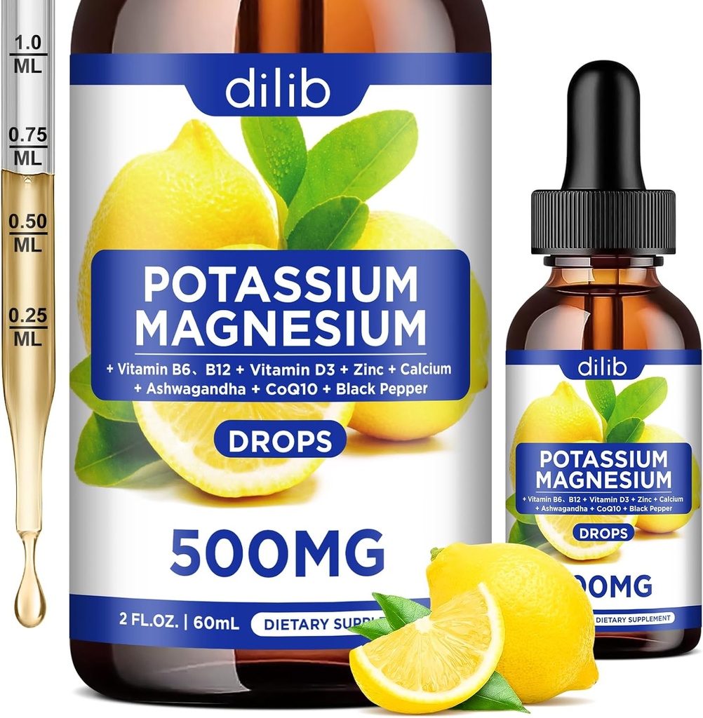 Supplément de citrate de magnésium de potassium, gouttes de citrate de magnésium liquide 500mg avec Ashwagandha, Calcium, zinc, vitamine D3, B6, B12, CoQ10 - Vegan 2 fl oz Lemon Saveur