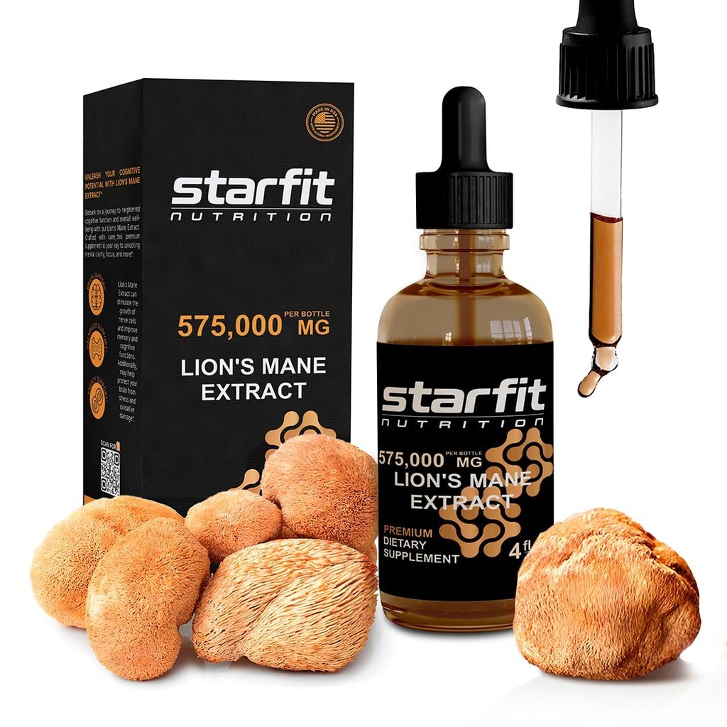STARFIT Extrait de champignons de la Mane de Lion, 575 000 mg, supplément liquide pour le soutien immunitaire, la mémoire et la santé digestive, 4 fl oz