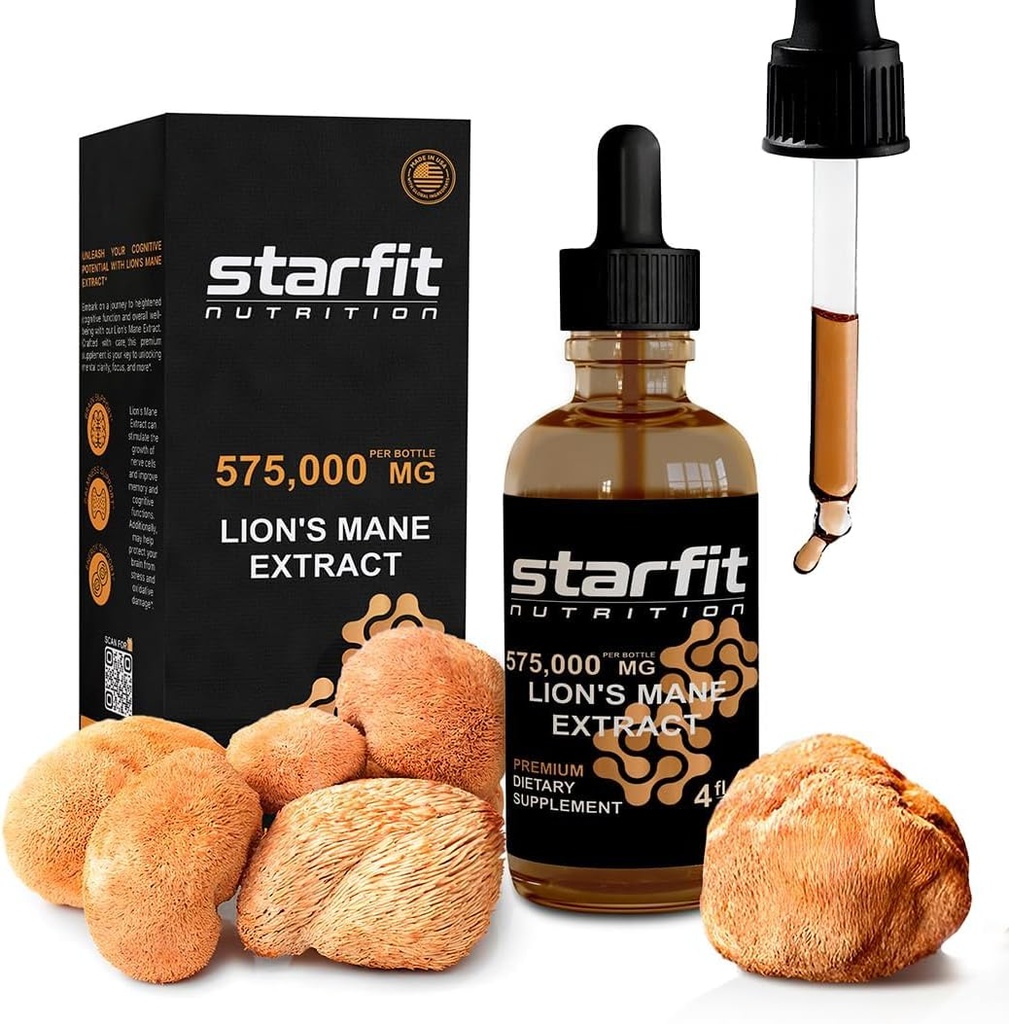 STARFIT Extrait de champignons de la Mane de Lion, 575 000 mg, supplément liquide pour le soutien immunitaire, la mémoire et la santé digestive, 4 fl oz