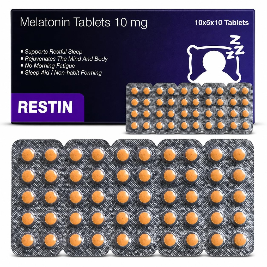 RESTIN Sleep Melatonin Tablets 10 mg for Men & Women | Oral Dissolving Mini Mints | Effervescent Tablets for Night-Time Routine | 50 Tablets (10 x 5 Tablets)