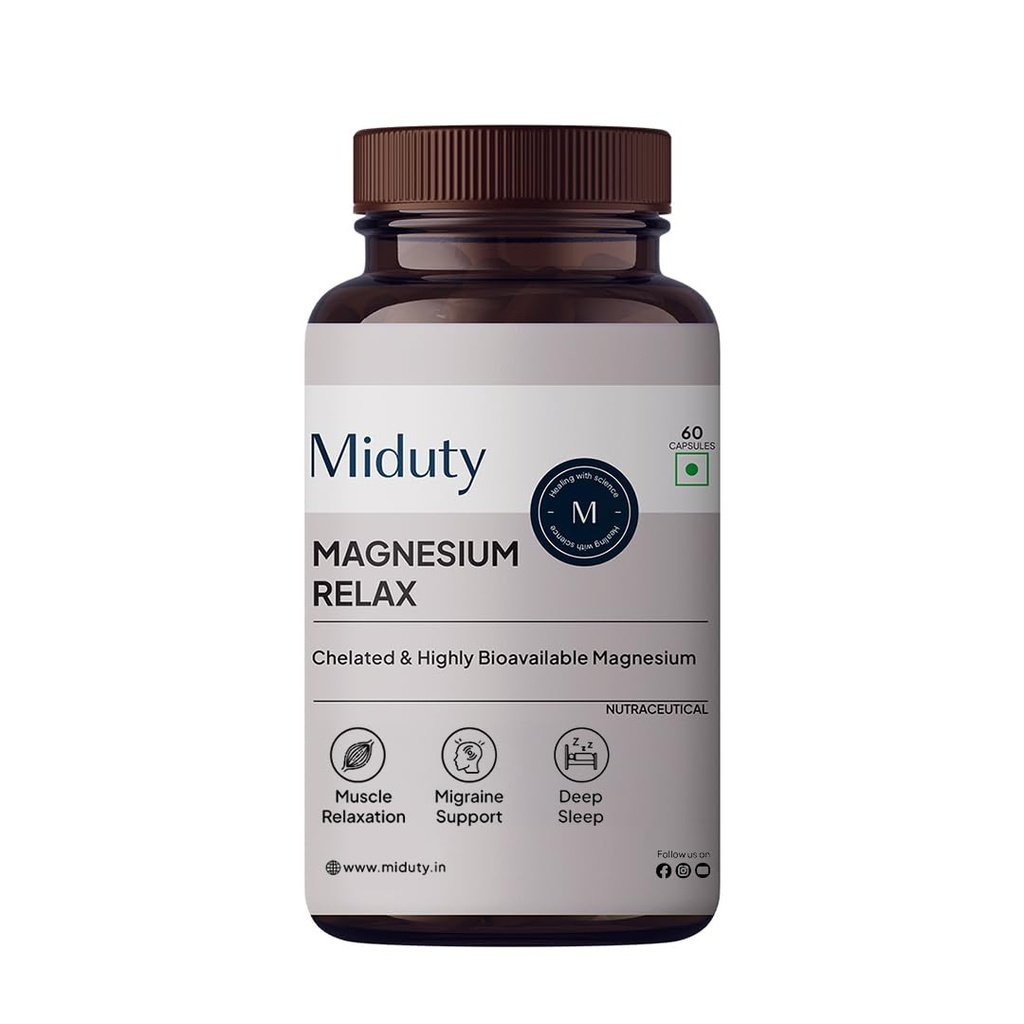Miduty Chelated Magnesium Bisglycinate (Glycinate) | 1500mg Supplement for Sleep, Stress Relief, Muscle Recovery & Muscle Cramps | 300mg Elemental Magnesium | High Absorption with Vitamin B6 | 60 Veg Capsules