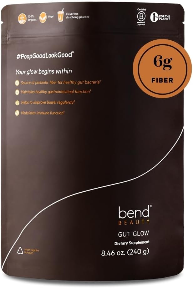Bend Beauté Gut Glow.com Supplément quotidien de fibre prébiotique poudre avec/Tremella Champignon Exract.com Santé digestive Gut.com 6g de fibre soluble par portion.com 100% biologique, végétalien, sans sucre Fibre non aromatisée
