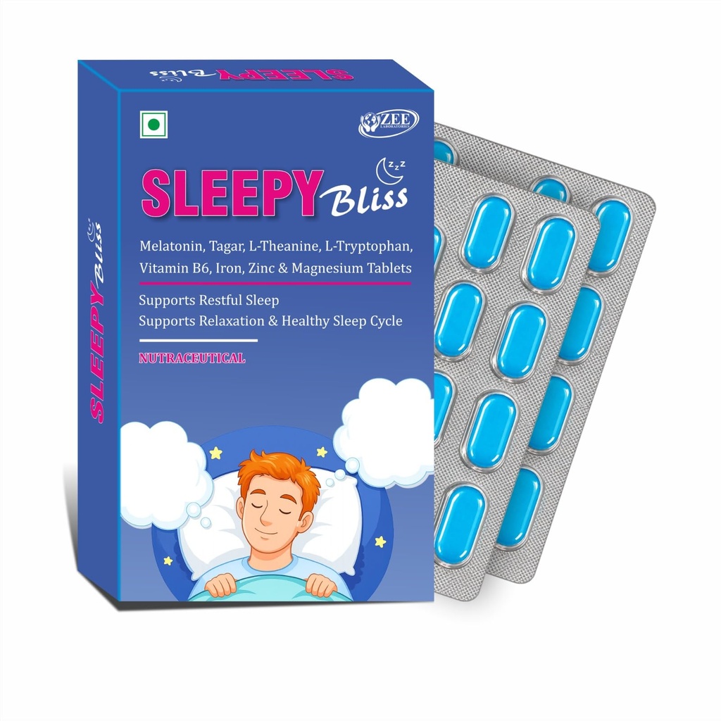 Sleepy Bliss Melatonin 10mg with Tagar Extract 100mg | Natural Sleep Aid Supplement for Men & Women | Deep & Restful Sleep | Non-Habit Forming | 30 Veg Tablets - Pack of 01