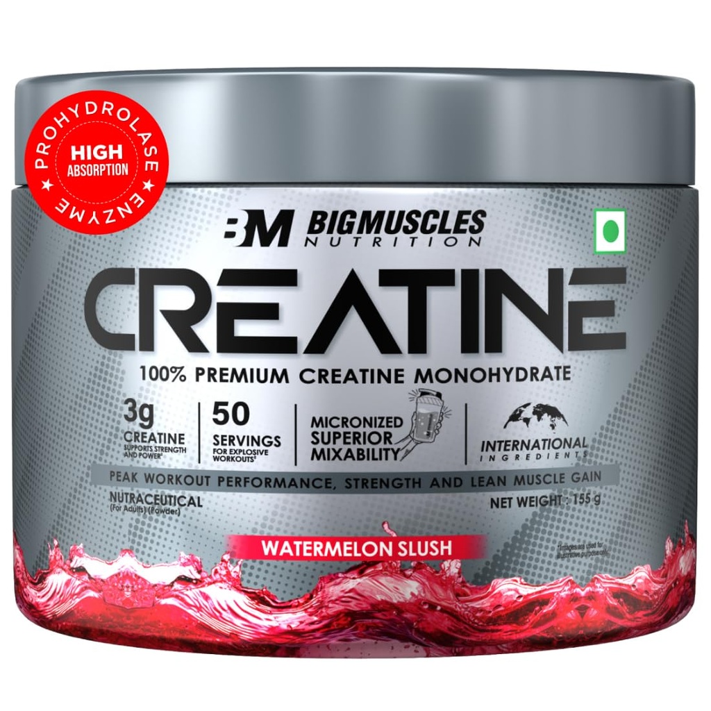 Bigmuscles Nutrition Creatine [155g, 50 Servings]|Watermelon Slush | Micronized Creatine Monohydrate To Support Lean Muscle Repair & Recovery|Increase Strength&Athletic Performance,Powder, 1 count