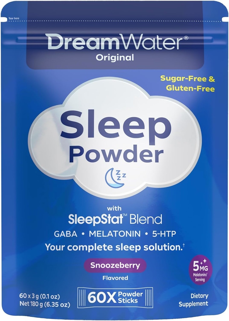 Dream Water Sleep Aid, Powder; GABA, MELATONIN, 5-HTP, Snoozeberry, 60 Count