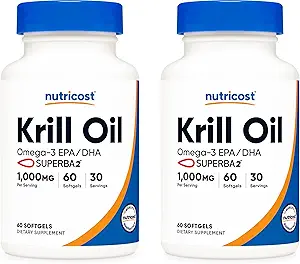 Nutricost Krill Oil 1000mg; 60 Softgels liquides (2 bouteilles) - Oméga-3 EPA-DHA