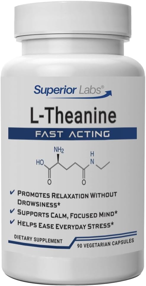 Superior Labs L-Theanine 250 mg Capsules, Pure Non-GMO Suntheanine, Sans remplissage, favorise la relaxation et le soulagement du stress, soutient le sommeil en santé, l'attention et la focalisation améliorées, haute absorption, 90 Veg Caps