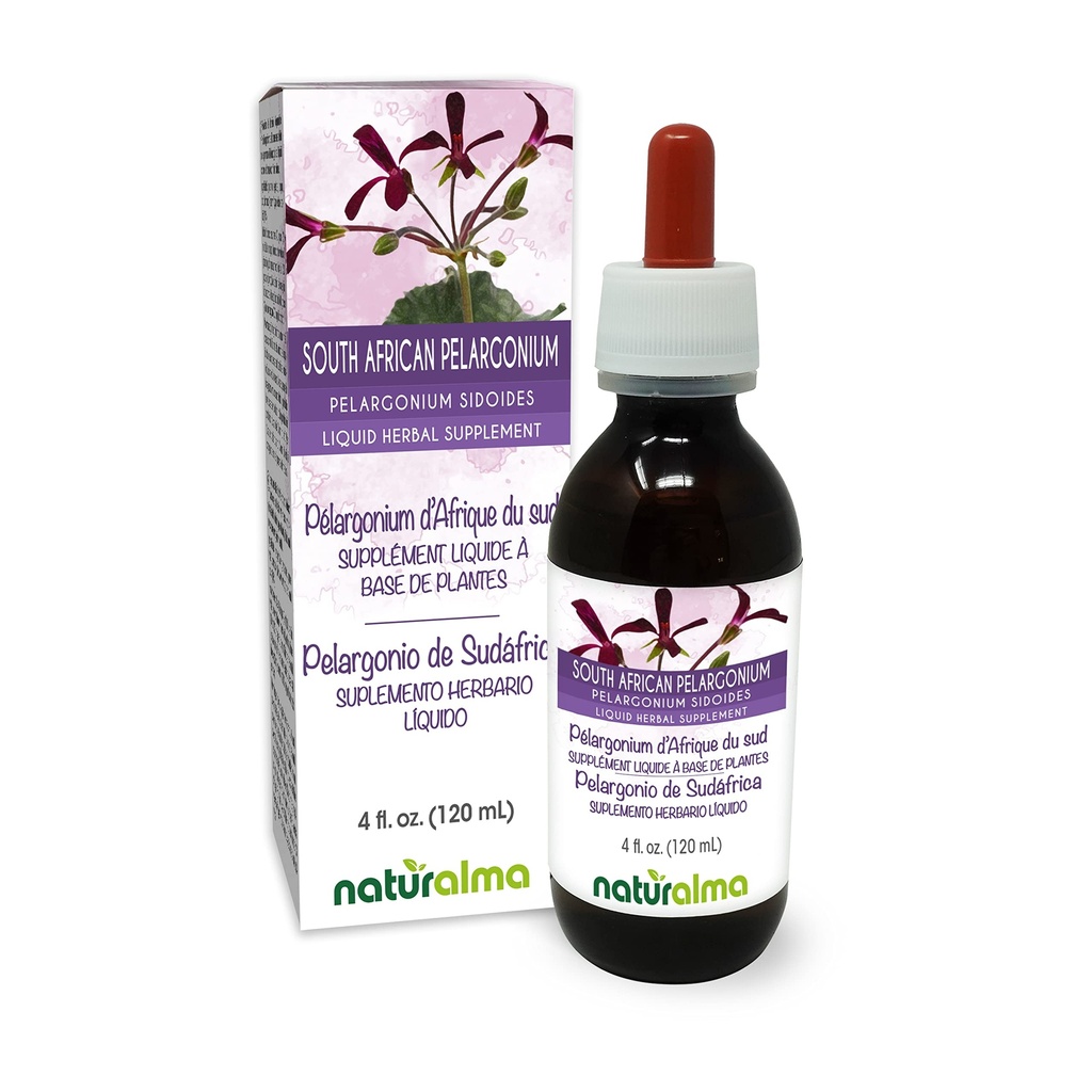 Naturalma South African Pelargonium or Umckaloaba (Pelargonium sidoides) Teinture sans alcool racine - 4 fl oz extrait liquide dans les gouttes - supplément à base de plantes - végétalien