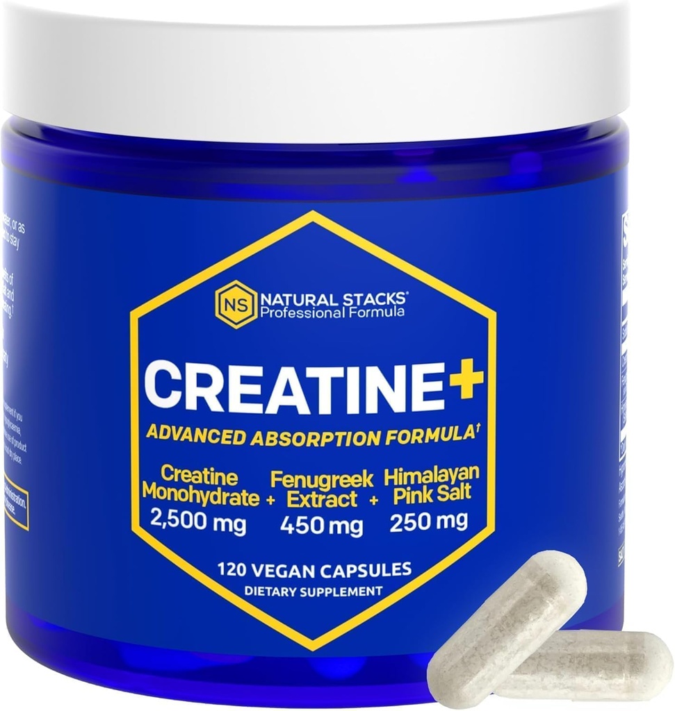 Monohydrate de créatine - 2500mg Pilules de créatine - 450mg Extrait de fénugreek et 250mg Sel Rose d'Himalaya - Soutienne la santé cérébrale, l'endurance et le renforcement musculaire - Formule avancée d'absorption - 120 capsules