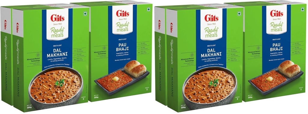 Gits Ready to Eat 1200g (Dal Makhani 300g X Pack of 4 + PAU Bhaji 300g X Pack of 4)
