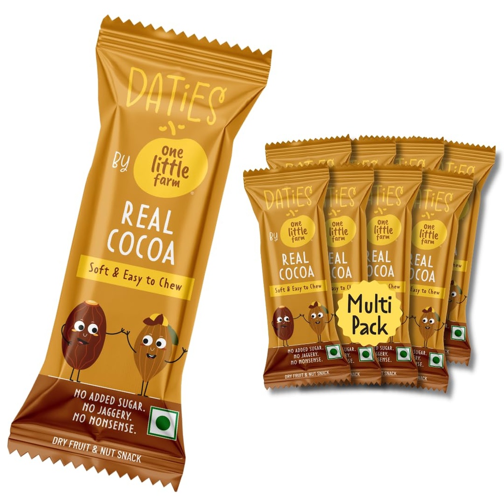 Daties by One Little Farm - Real Cocoa Date Bites | Made with Dates, Cashew & Almond | Clean-Label Healthy Kids Snack | Soft and Easy to Chew | No Added Sugar or Jaggery | 20g Each (Pack of 8)