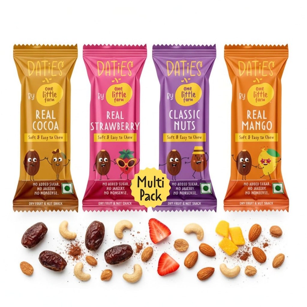 Daties by One Little Farm - Combo Pack Date Bites | Made with Dates, Cashew & Almond | Clean-Label Healthy Snack for Little Ones | Soft and Easy to Chew | No Added Sugar or Jaggery | 20g Each (Pack of 16)
