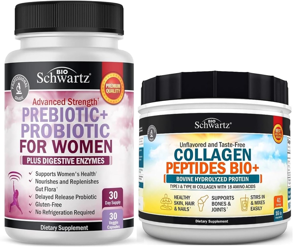 BioSchwartz Hydrolyzed Collagen Peptides Poudre (40+ portions) Plus Prébiotiques et probiotiques avec enzymes digestives pour les femmes (1 mois d'approvisionnement)