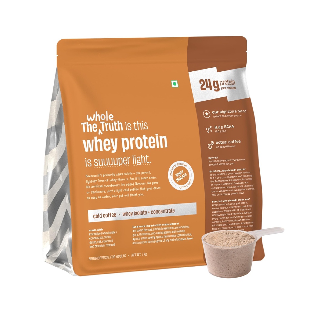 The Whole Truth Whey Protein Isolate+Concentrate | Cold Coffee 1 kg (2.2 lbs) | 24g Protein per scoop | 6.4g BCAA | No Adulteration | Clean, Light & Easy to Digest | Vegetarian