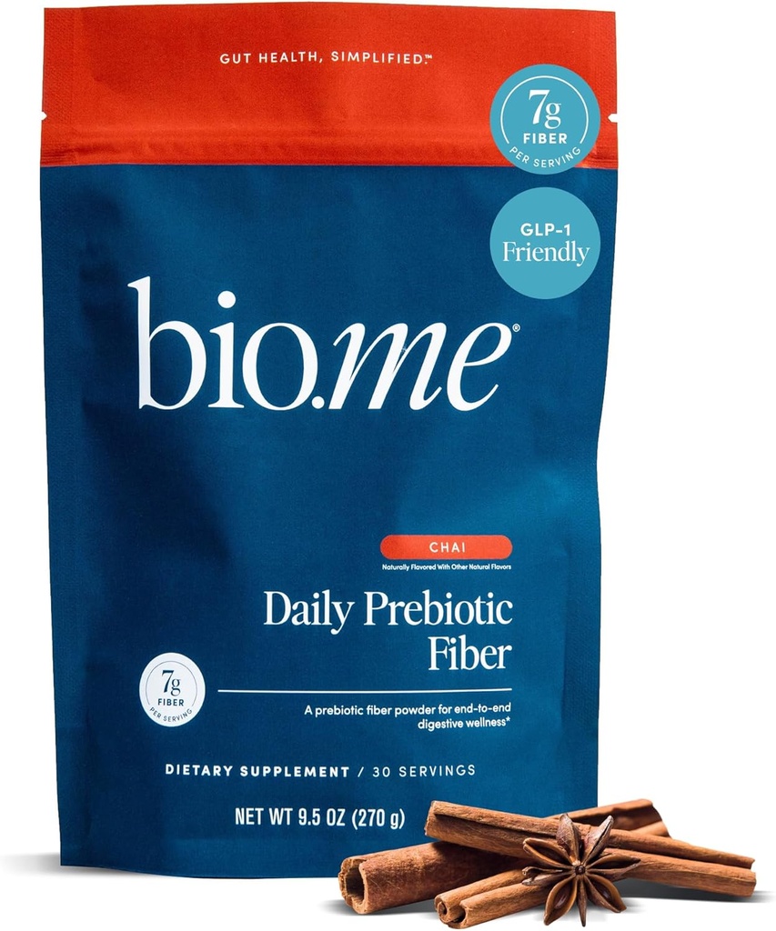 Bio.me Poudre quotidienne de fibre prébiotique Chai - 7g par portion - Poudre de supplément de fibre soluble et soluble pour les femmes et les hommes - Santé digestive et santé gustative - BPL-1 amical, sans sucre - 30 portions