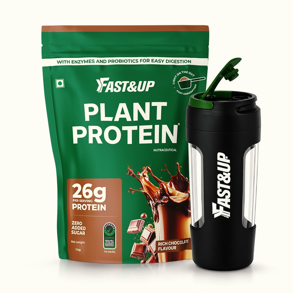 Fast&Up Plant Protein Powder (1kg Rich Chocolate) + FAST&UP 600ml Protein Shaker Bottle | High Protein Vegan Nutrition Bundle