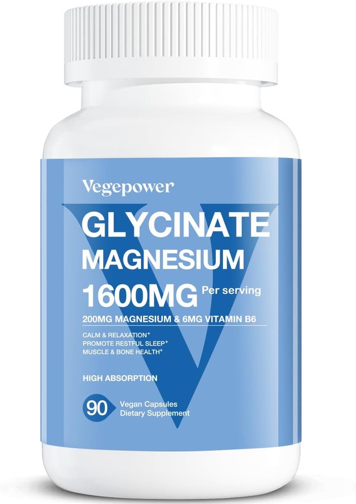 Glycinat de magnésium 200mg, supplément de magnésium végétalien à absorption élevée, vitamine D et B6 de zinc de magnésium entièrement chélaté, Bisglycinate de magnésium pour la santé du sommeil, des os et des muscles, Nerveux, non-OGM, 90 capsules
