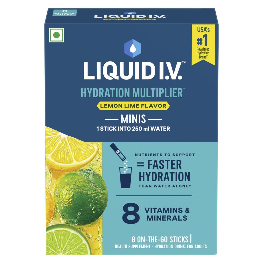 LIQUID I.V. Mini Hydration Multiplier- Lemon Lime| Pack Of 8| Sodium & Potassium| Hydration Drink Mix| Easy Mix Sticks| No Artificial Sweeteners| No Caffeine| Half Serve|8x8g