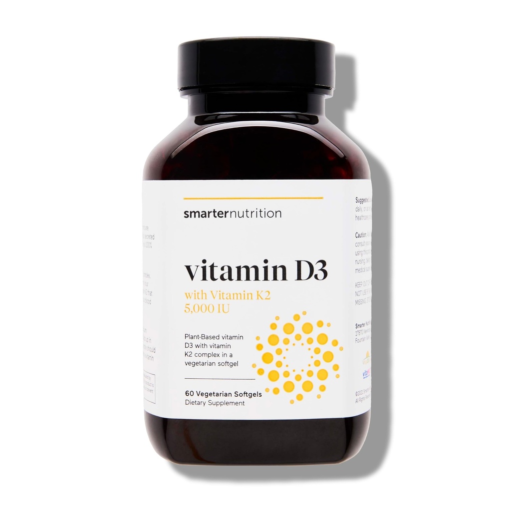 SMARTERNUTRITION Vitamine végétalienne D3 5000 UI + Vitamine naturelle K2 1100 mcg dans l'huile de coco et d'olive biologique - Supplément D3 K2 pour le soutien immunitaire et os - 60 Softgels[30 jours]