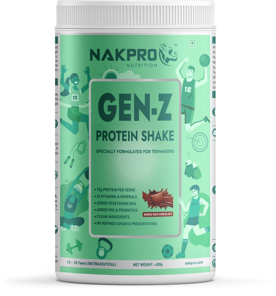 NAKPRO GenZ Protein Powder for Teens (13+), 15g Protein, Double Rich Chocolate - 400g | Vitamins & Minerals, Supports Immunity, Strong Bones & Height