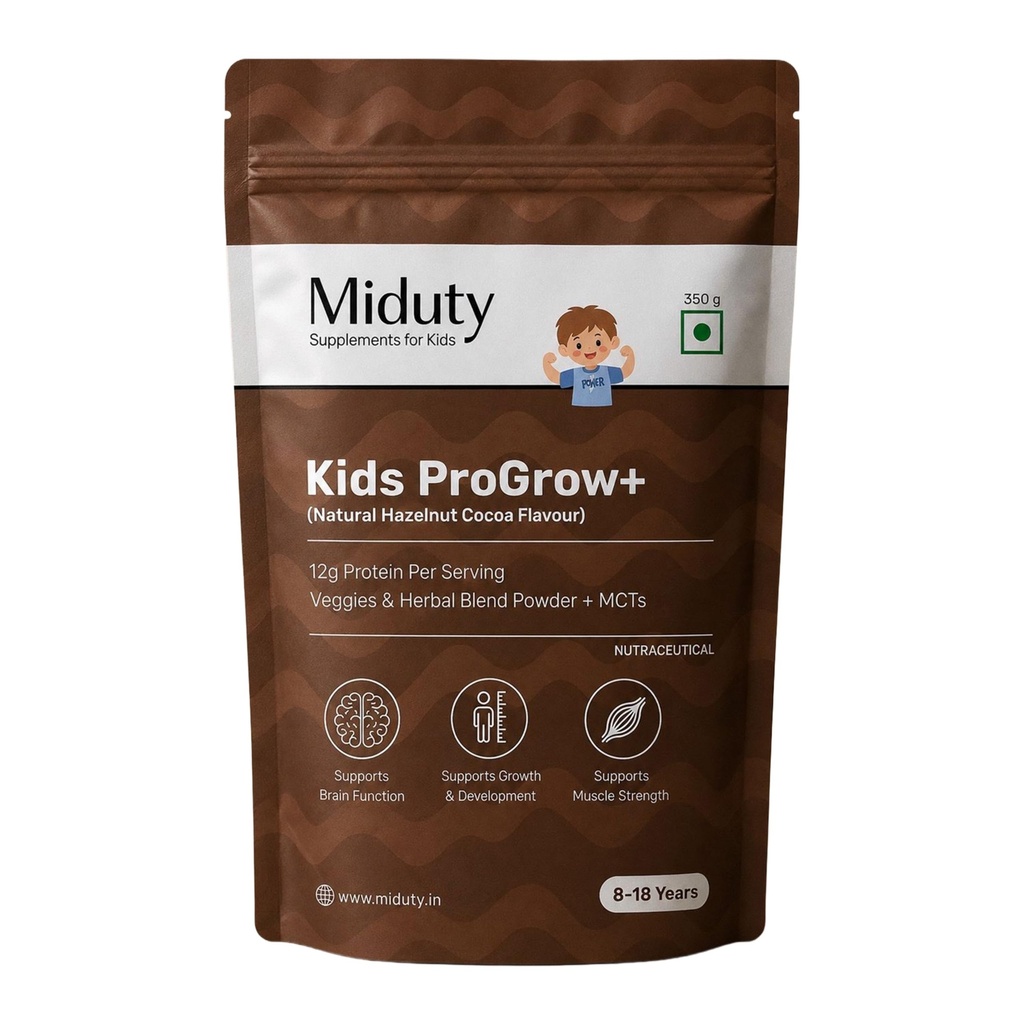 Miduty Kids ProGrow+ Hazelnut Cocoa | Kids & Teens Protein Shake for Growth, Daily Nutrition & Active Recovery | 12g Protein for 8–18 Years | FOS & Inulin, Vitamins & Minerals, Vegetables, Fruit & Nut Blend | Natural Hazelnut Cocoa Flavor - 350g