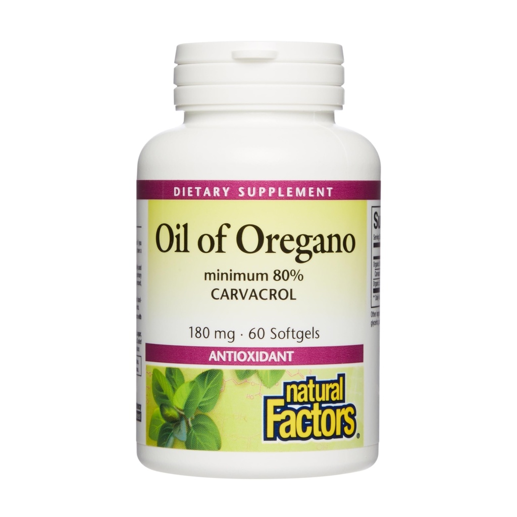 Facteurs naturels Huile d'Origan - Soutienne la fonction du système immunitaire sain - Supplément à base de plantes avec huile d'olive et vitamine E - Supplément de soutien anti-OGM - 60 Softgels (60 portions)