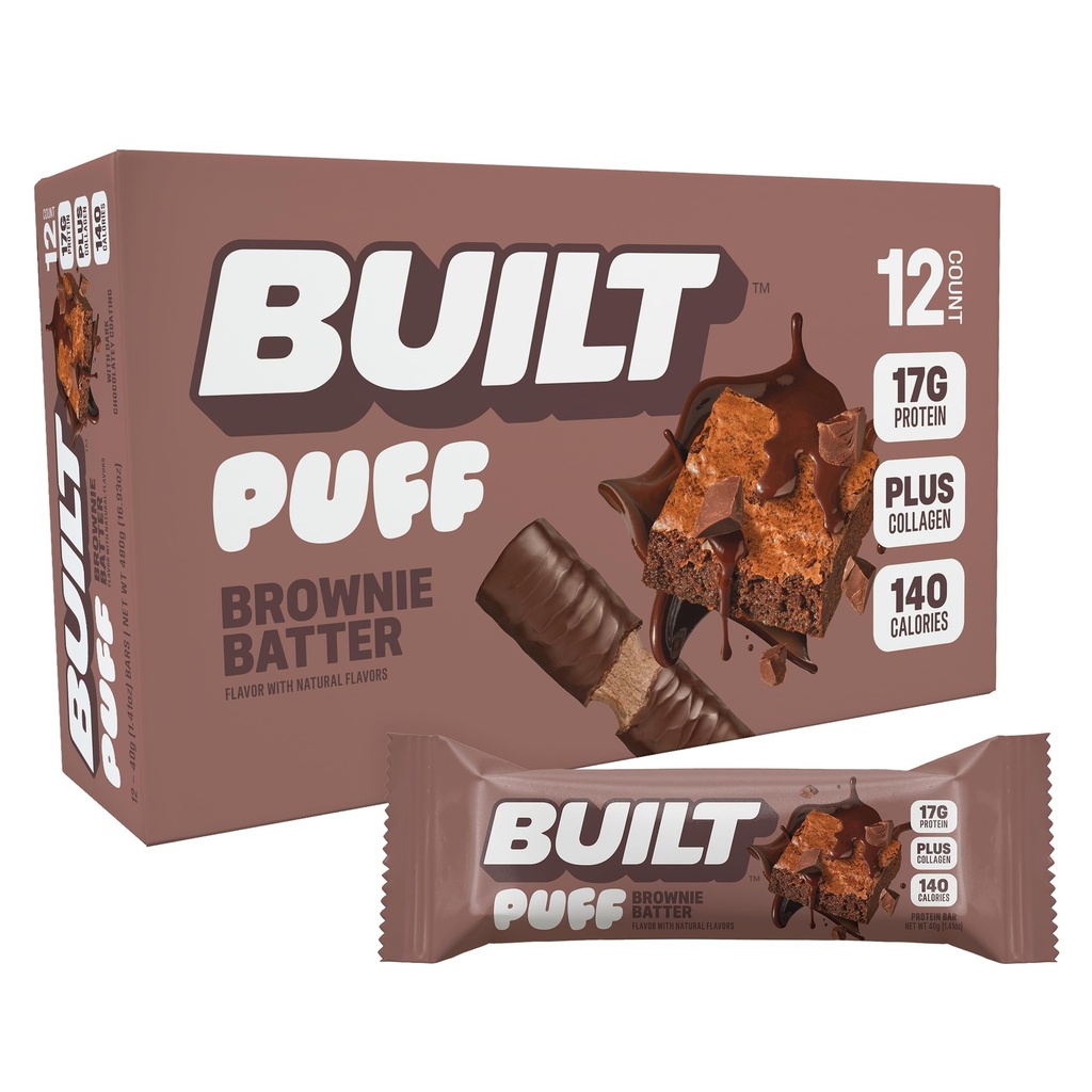 Barre construite, Barres protéinées de puff, Puff à batter de Brownie, 17g de collations protéinées, Barres en marche, seulement 140 calories, 6g de sucre, Collagène, Sans gluten, 12 Compte