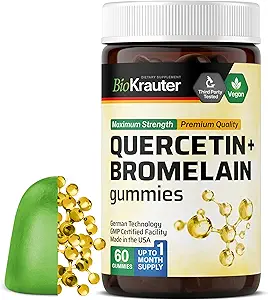 BIO KRAUTER Quercetin avec Gommies de Bromelain - Mélange de 1000 mg - 60 Chews végétaliens - Gommies de Quercetin - Soutien immunitaire végétalien - Source d'antioxydants - Formule sans gélatine