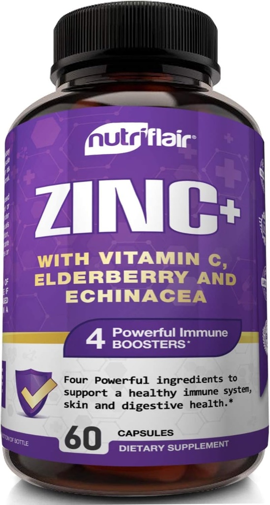 NutriFlair Zinc 50mg - avec vitamine C, Elderberry, Echinacea Purpurea Extract, Zinc Oxyde - Comparer avec le picolinate, Citrate, Oxyde - Complete Immune Formule de soutien pilules avec 4 Immune Défense