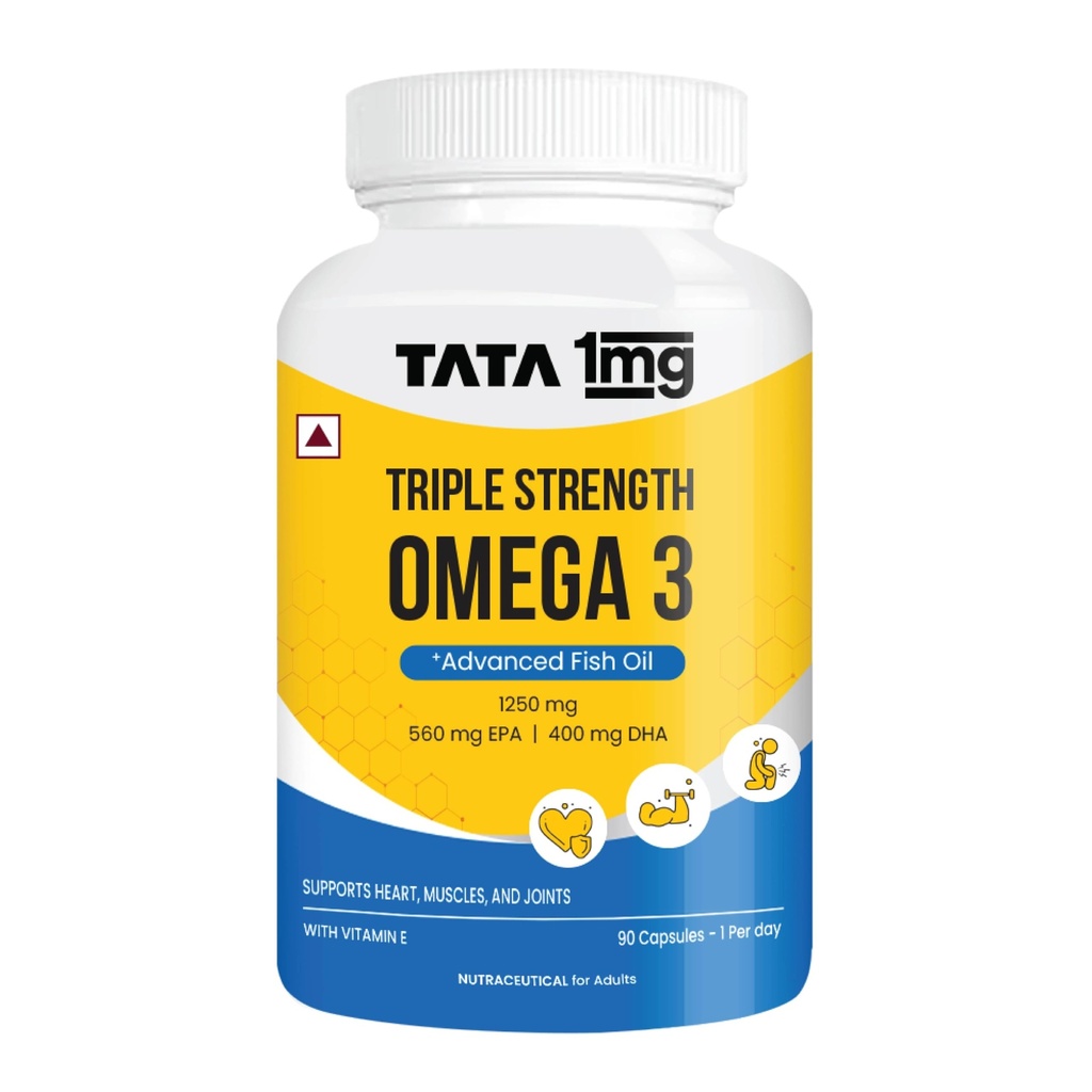 TATA 1MG Triple Strength Omega 3 Fish Oil Supplement - 1250 Mg in 1 Capsule | 560 Mg EPA & 400 Mg DHA | For Faster Muscle Recovery And Improved Stamina | For Men And Women