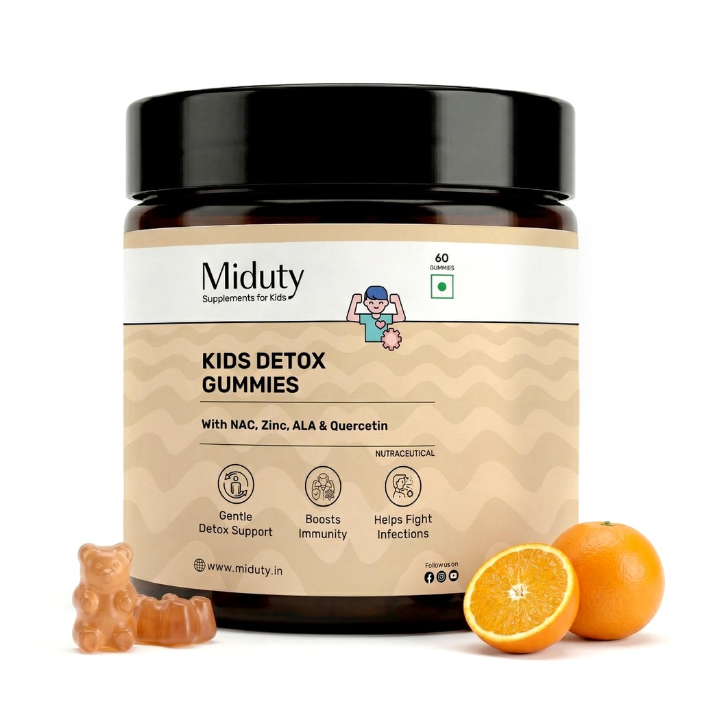 Miduty Kids Detox Gummies - NAC for Kids - Quercetin, ALA, Zinc, Selenium & Iodine - Gentle Detox, Immunity, Thyroid Health & Allergies Support - No Added Sugar - Natural Orange Flavor - 60 Gummies