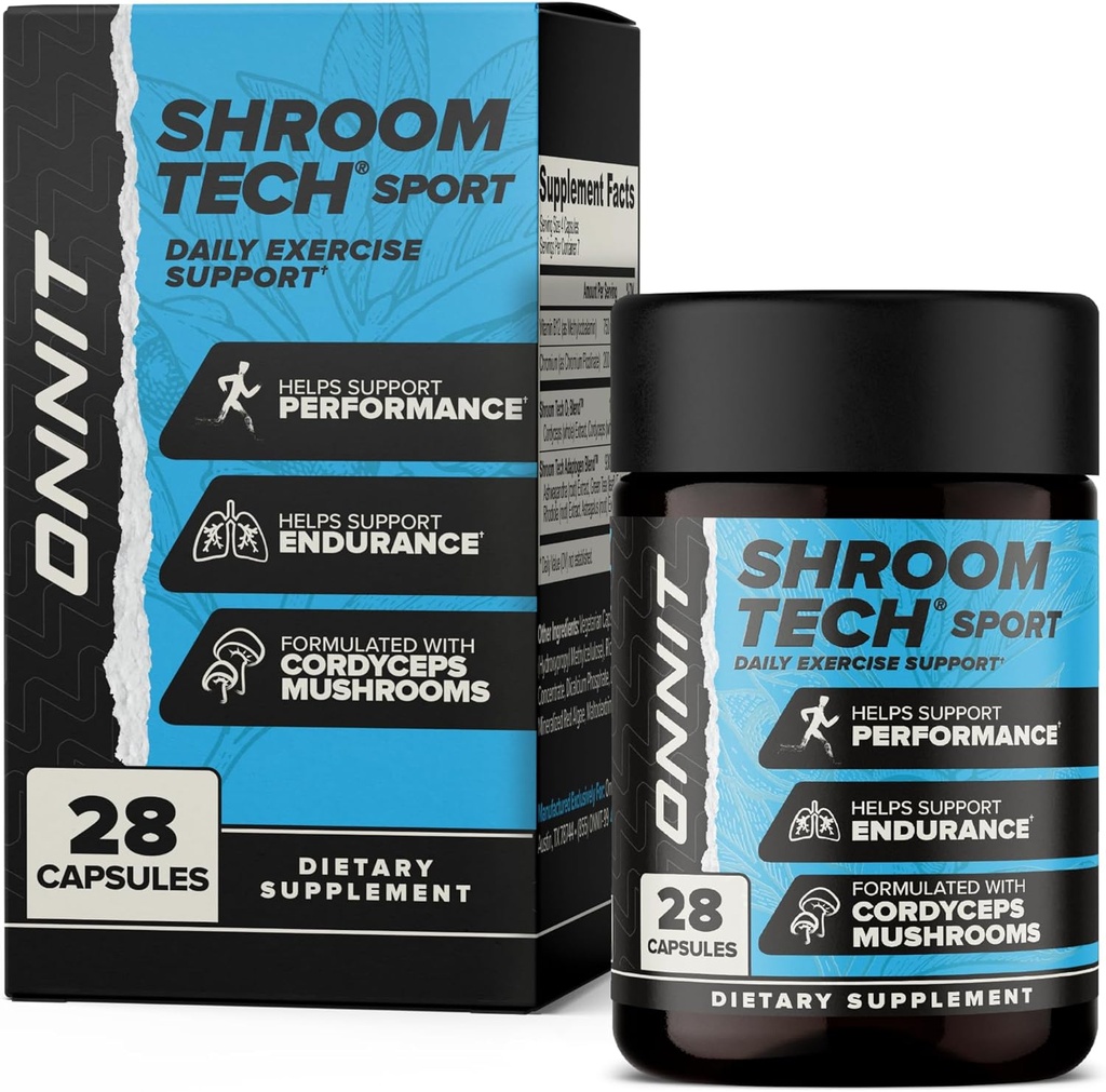 ONNIT Shroom Tech Sport Daily Exercise Support Capsules, Supplément préentraînement avec Cordyceps Champignons, Supplément alimentaire sans caféine pour le soutien énergétique quotidien, 28 Comte