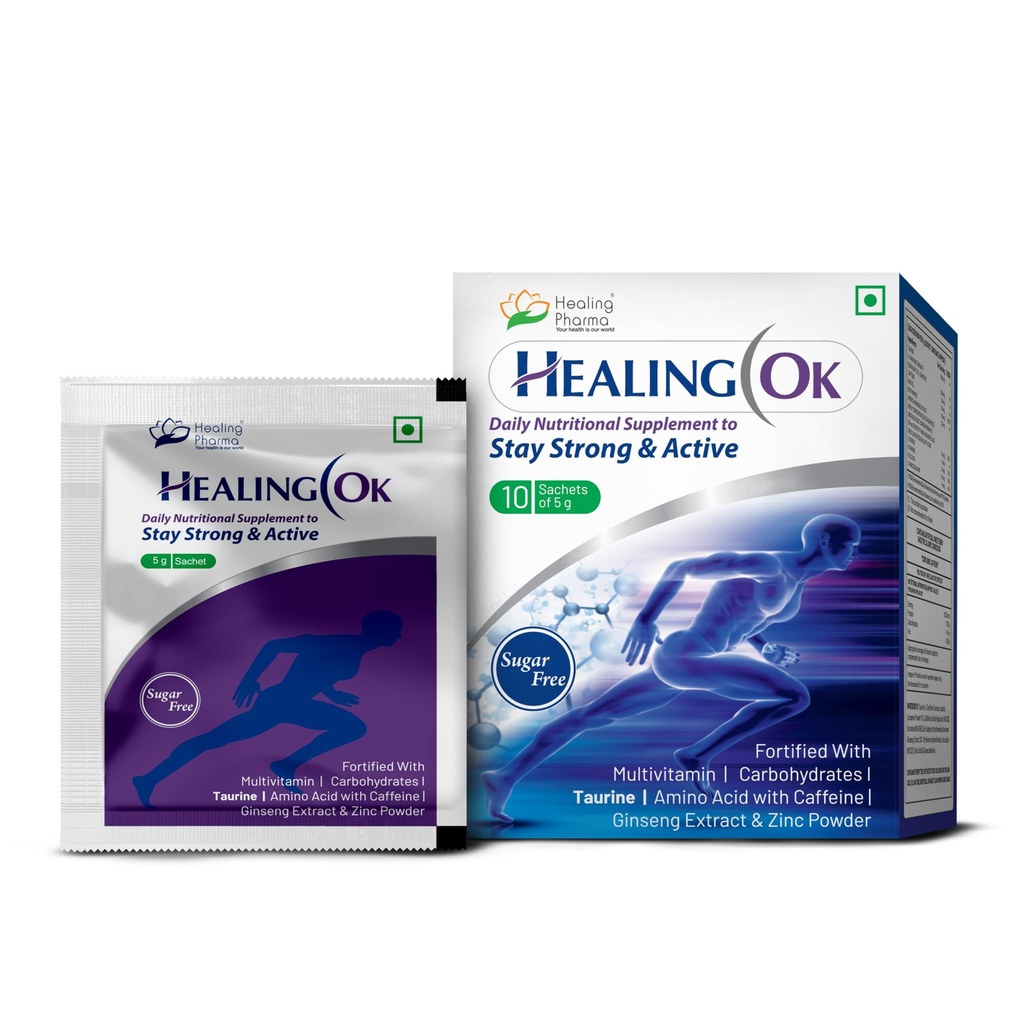 Healing Pharma - Healing OK Taurine, Ginseng, Zinc, Caffeine & L-Carnitine Powder Sachets, Sugar Free | For Strong Immunity & Overall Health | 5g x Pack of 10
