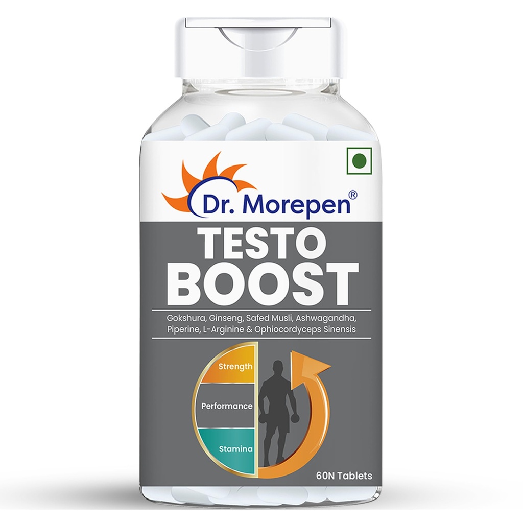 DR. MOREPEN Testo Boost For Men Enriched With Gokshura, Shilajit, Safed Musli, Ashwagandha, L-Arginine, & Ophiocodyceps Sinensis - 60 Veg Tablets