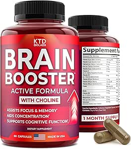 Nootropics Cerveau Support Supplément - Fabriqué aux États-Unis - Supplément Brain Booster Naturel pour Focus, Mémoire, Clarity, Energy Enhancement - Bacopa Monnieri, Choline & DMAE, 60 Capsules