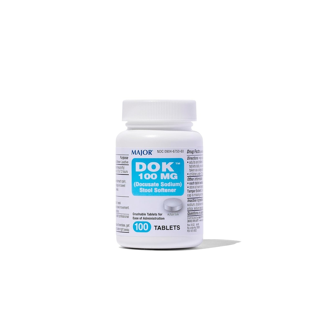 Docusate majeur Sodium 100 mg - Comprimés d'adoucissement pour le soulagement de la constipation - Aide à arrêter la constipation - Adoucisseurs d'adoucissement pour les femmes, les hommes et les enfants 12 ans et plus - 100 comprimés