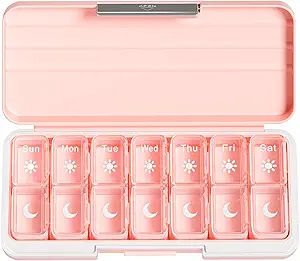Zoksi Am Pm Pill Organisateur 7 jours, Pill Box hebdomadaire 2 fois par jour, Pill de médecine Organisateur avec compartiment séparé, distributeur de cas de pilule de voyage portable pour les vitamines, huiles de poisson, médicaments (puits)
