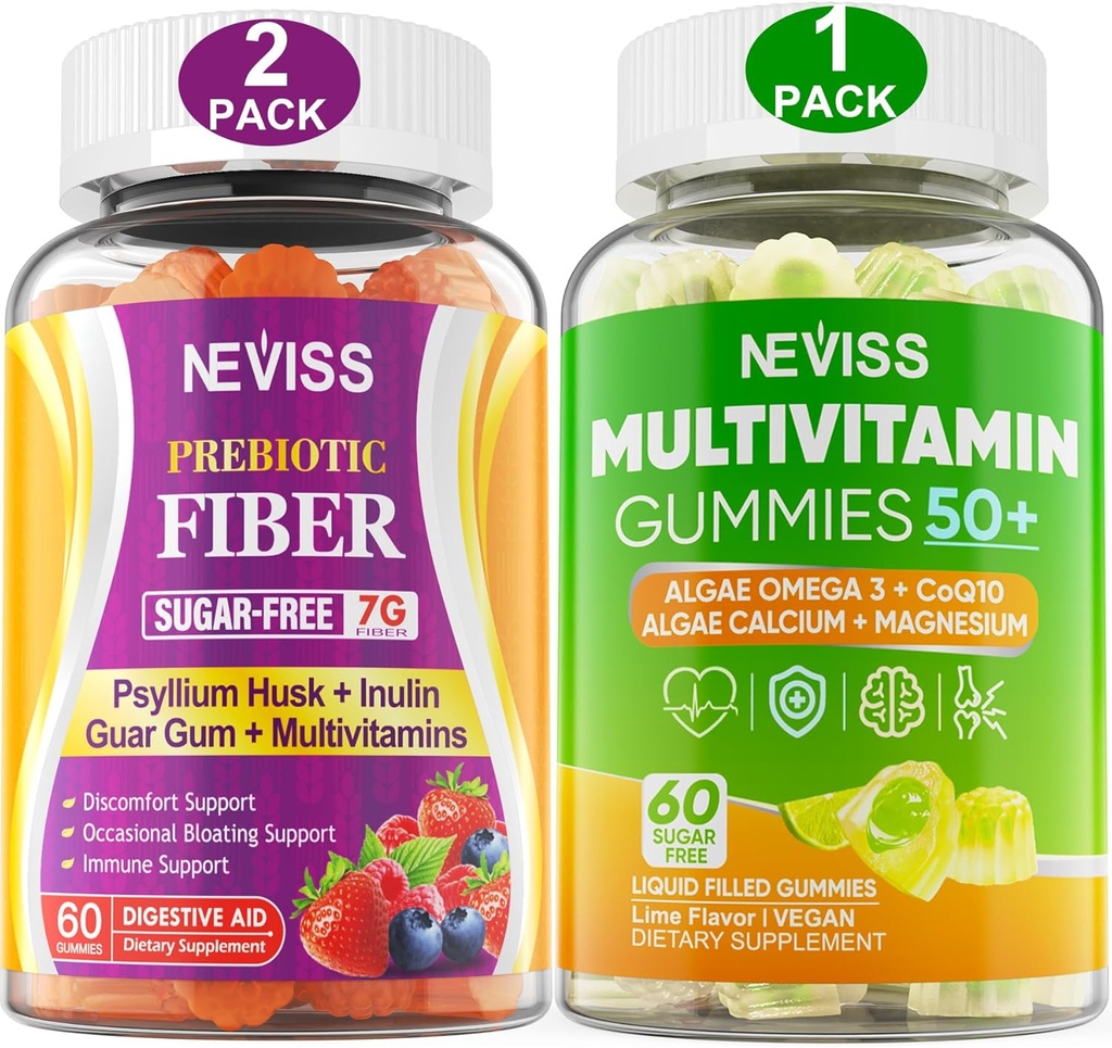 NEVISS Bundle - Fenêtres multivitamines 50+ pour femmes et hommes et prébiotiques Fiber 2 Pack