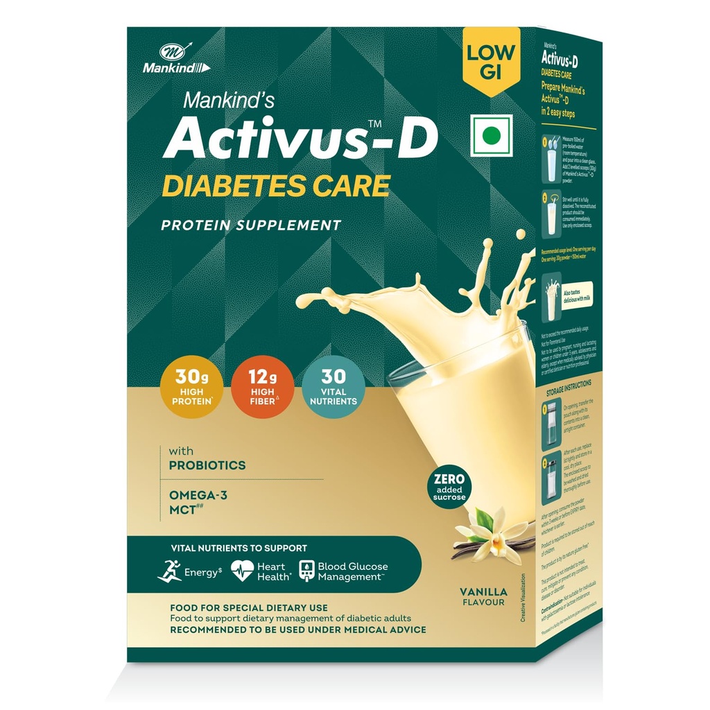 Mankind's Activus-D Diabetes Care Protein Supplement | Energy, Heart health, Blood Glucose Management | With Omega-3, MCT and Probiotics | Vanilla flavour | 400g