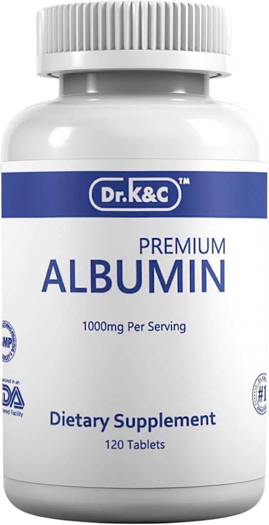 Dr K&C Supplément aux protéines de l'albumine Premium – Extra Strength 1000 mg 120 Comprimés Foie rénal sain Promouvoir le bien-être général Soutien énergétique Bilan de vie 1pk