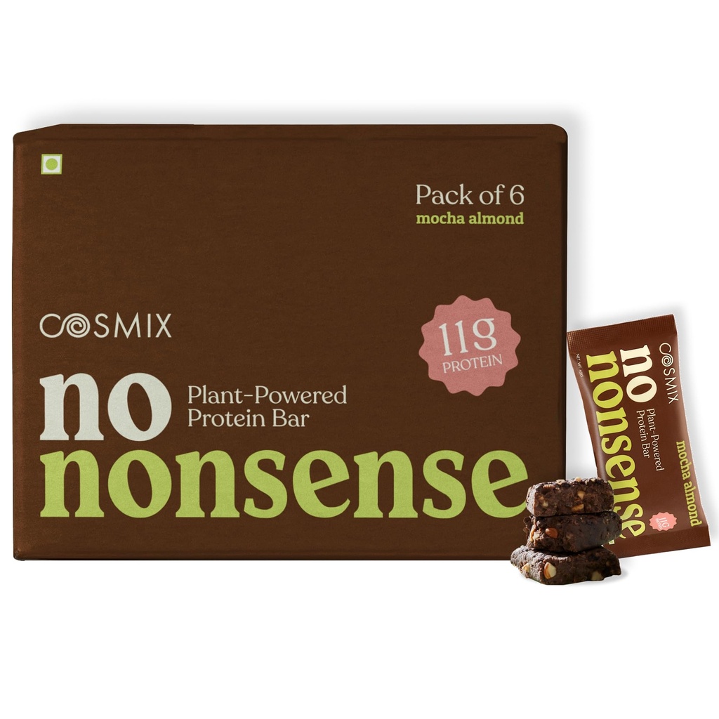 Cosmix No-Nonsense Protein Bar | Mocha Almond | 11g Complete Plant Protein + 6g Fibre | No Added Sugar or Preservatives | Gluten & Lactose-Free, Gut-Friendly | 45g Bar | Pack of 6