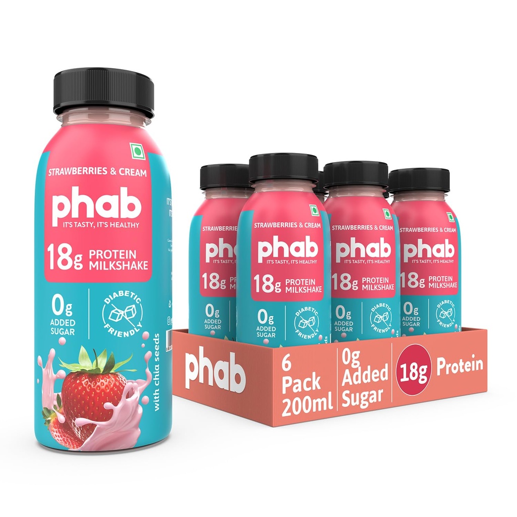 Phab Strawberries & Cream Protein Milkshakes 18g Protein,No Added Sugar | Low GI | Gut-Friendly, No Trans Fat | Source of Fibre & Pre-biotics | Healthy & Tasty (Pack of 6x200ml)