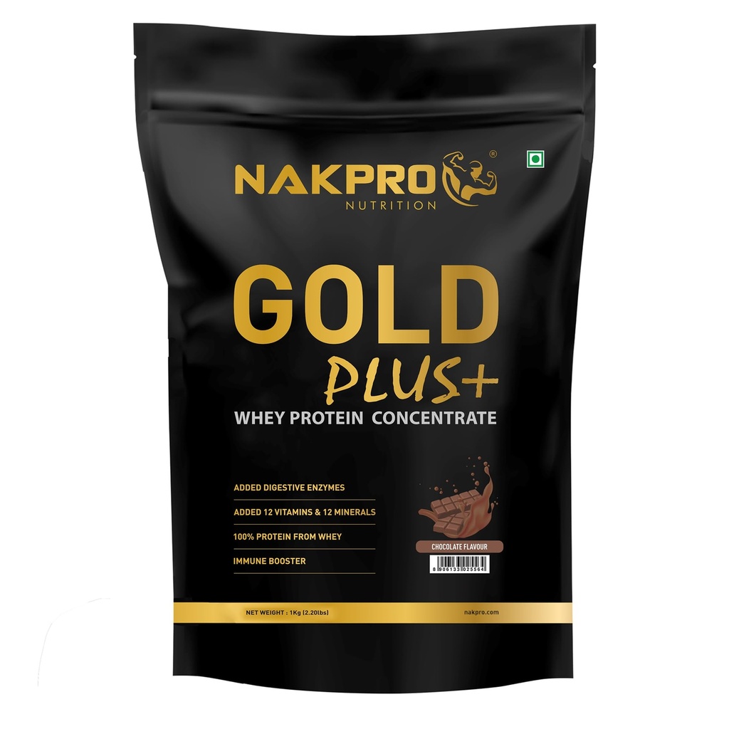 NAKPRO NUTRITION Gold Plus+ Whey Protein Concentrate | 1kg Chocolate | 25.46g Protein |Trustified Certified with Digestive Enzymes, Vitamins & Minerals